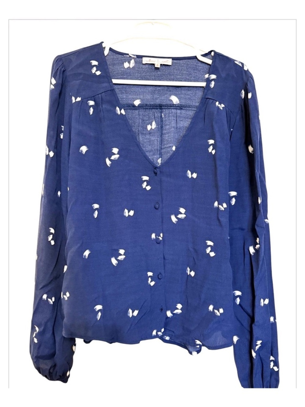 Willow & Root Blue Printed Blouse XL Sheer Button Front Boho Top Long Sleeve